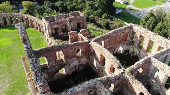 Ruins of Old Ancient Castle Building in Europe, Shot From Drone Above, Aerial Archaelogy