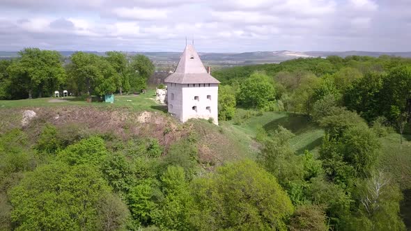 Aerial view of old castle in town of Halych, old Ukrainian capital in Ivano-Frankivsk region, alt