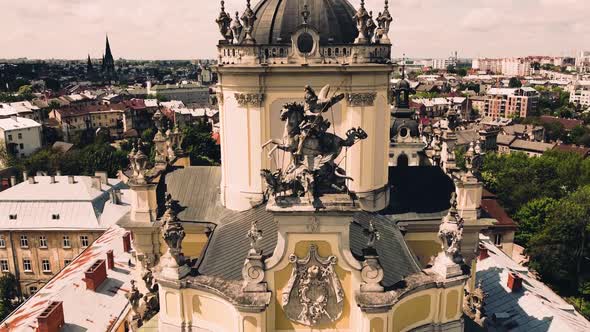 Aerial drone view of a flying over the Catholic Cathedral alt