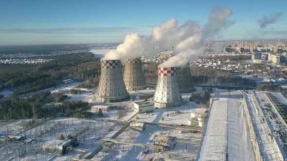 Aerial View Heating Station with Cooling Towers in Winter, Stock Footage