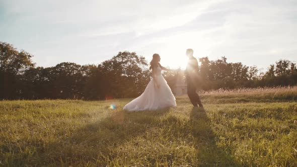 Happy Widding Couple Dancing on Nature on Sun Blinks alt