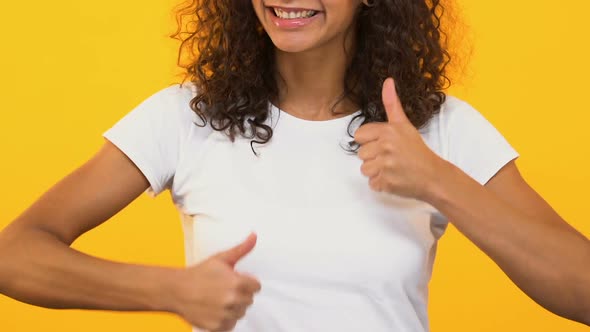 Cheerful Girl Showing Thumbs Up, Rejoicing Success, Supporting Right Choice alt