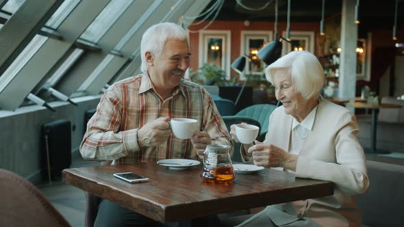 Retired People Man and Woman Clinking Tea Cups and Drinking Enjoying Time in Cafe alt