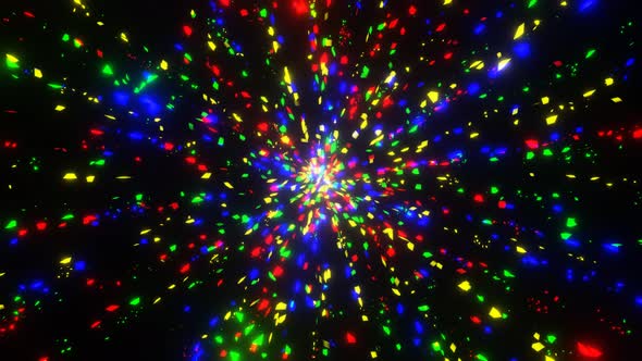 VJ Loop Motion Small Triangular Red Blue Green and Yellow Particles Pulsating with Rays From the