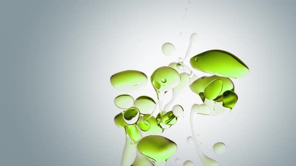 Isolated High Speed Green Oil Bubbles and Shapes on White Background