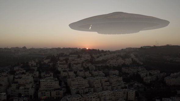 Alien Spaceship Ufo hovering over city at sunset - aerial view alt