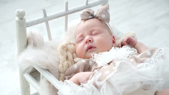 Adorable Newborn Girl in Cute Dress Sleeps in Small Bed alt