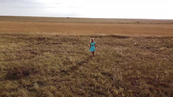 Young Woman in a Blue Dress Walks Through a Scorched Field From the Bright Sunlight in a Steppe Area