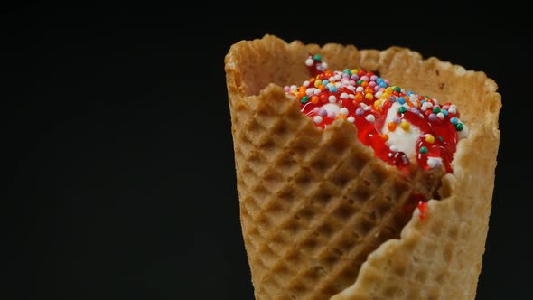 Ice Cream Waffle Cone with Syrup and Balls on a Black Background alt