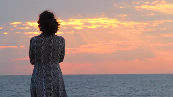 Girl stays on beach and looking into horizon at evening sun. Back view of young woman silhouette