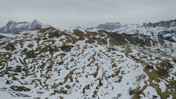 Aerial, Beautiful View On Snowy Dolomites Mountains In Italy