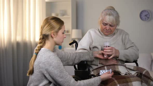 Young Lady Bringing Painkillers to Grandmother Feeling Stomach Ache, Health-Care alt
