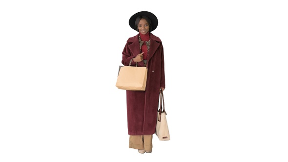Gorgeous woman in a hat posing with shopping bags smiling alt