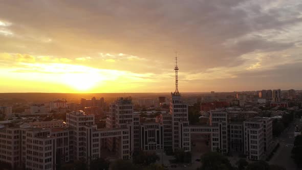 Kharkov Historical and Famous Building in Front and Top Against the Background of a Beautiful Sunset alt