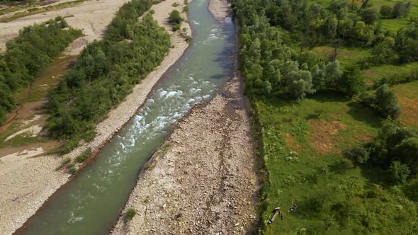 Aerial View of Mountain River Stream with Stones Valley Landscape Ukraine