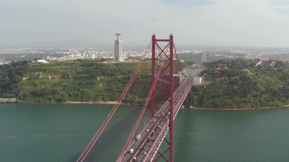 Aerial View of Big Red Cablestayed 25Th of April Bridge Over Tagus River alt