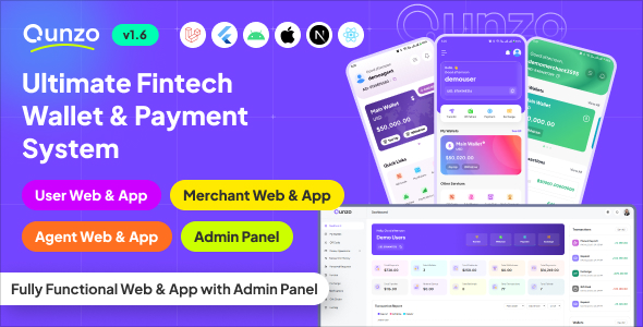Qunzo – Fintech Wallet App and Web with User, Agent and Merchant Modules Including Admin Panel
