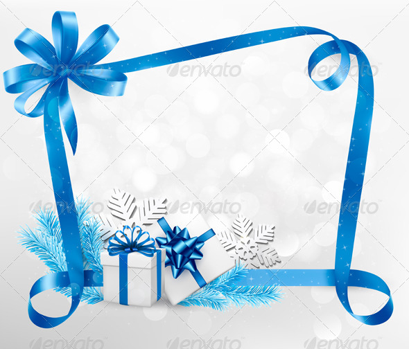 Holiday Background with Blue Gift Bow and Gift Box - Christmas Seasons/Holidays