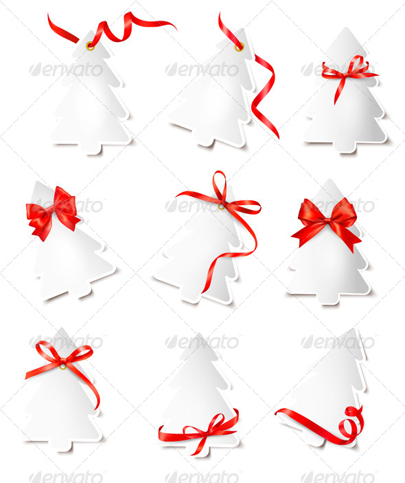 Set of Gift Cards with Red Gift Bows Wit - Christmas Seasons/Holidays