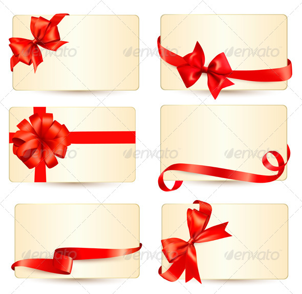 Set of Gift Cards with Red Gift Bows - Christmas Seasons/Holidays