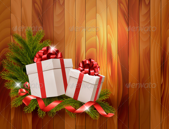 Holiday Background with Gift Ribbon with Gift Box - Christmas Seasons/Holidays