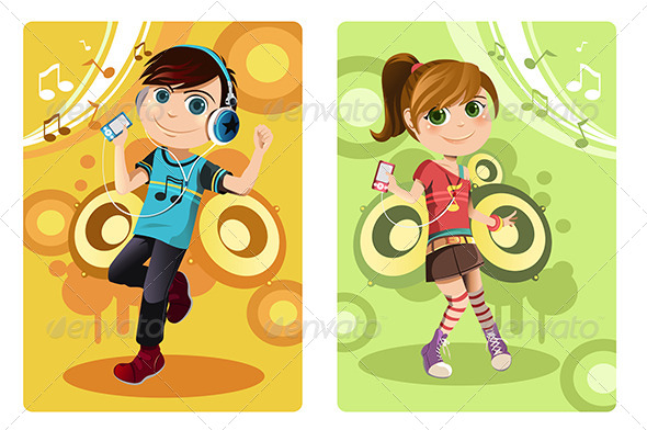 Kids Listening to Music - People Characters