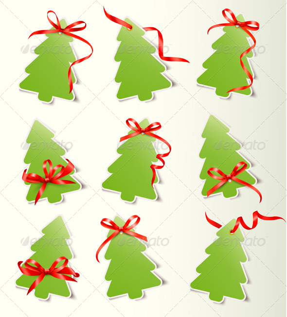 Set of Cards with Red Gift Bows with Ribbon - Christmas Seasons/Holidays