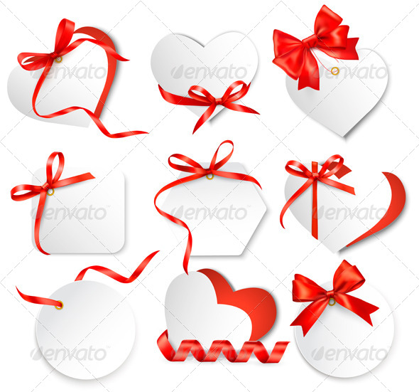 Set of Cards with Red Gift Bows. - Valentines Seasons/Holidays
