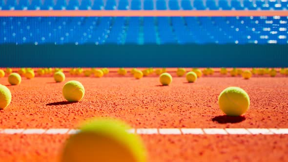 Endless looping animation of yellow tennis balls scattered on the orange court. alt