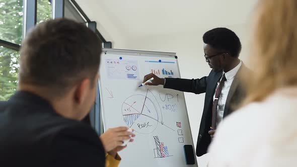 american-african businessman conducts presentation using whiteboard alt