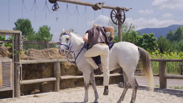 The man riding his horse on the farm. Attractive white horse. alt