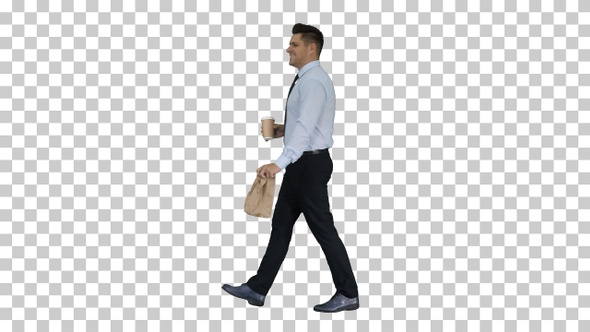 Businessman Walking with Take Away Coffee and Paper Bag With alt