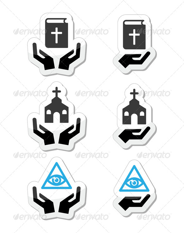 Religion Icons - Hands with Bible, Church, Eye - Religion Conceptual