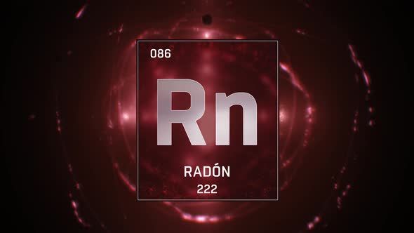 Radon as Element 86 of the Periodic Table on Red Background in Spanish Language