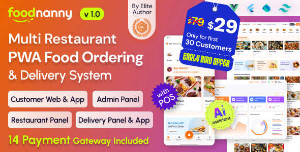FoodNanny - Multi Restaurant Food Delivery App with PWA Website & Laravel Admin with AI Assistant