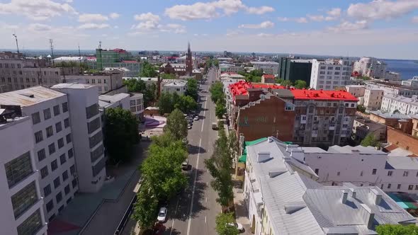 Aerial View of Old Russian City at Sunny Weather Buildings of Different Historical Epochs