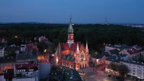 Aerial view of Saint-Joseph church at dusk in Krakow alt