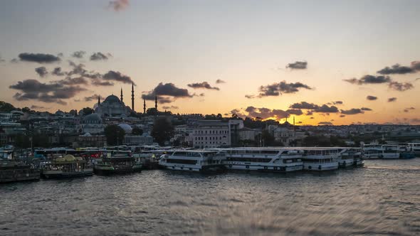 Istanbul Bosphorus Riverside with Boats and Mosque Silhouette Beautiful Sunset Time Lapse alt