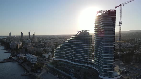 Embankment of Limassol in Cyprus. Modern architecture and old town. Skyscrapers. alt