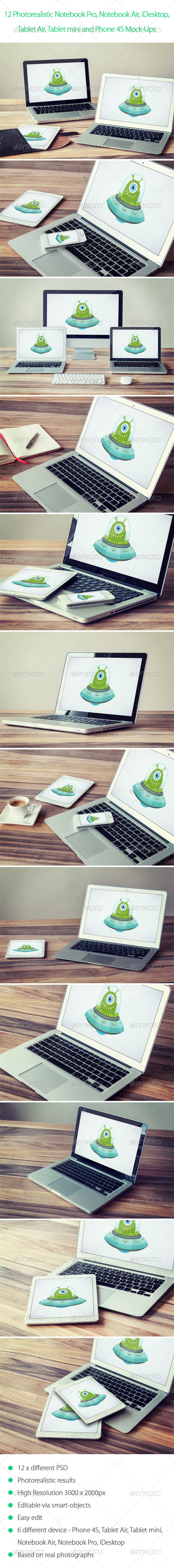 12 Photorealistic Notebook, Mobile Device Mock-Ups - Displays Product Mock-Ups