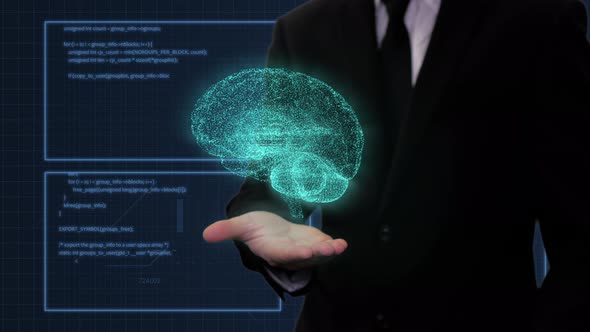 Man In Black Suit With Digital Brain Hologram Appearing Above Hand With Hud Background 