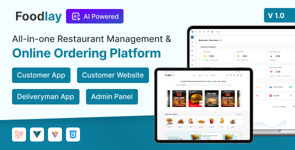 Foodlay – Restaurant Management System with Ordering Website, Customer & Delivery Apps