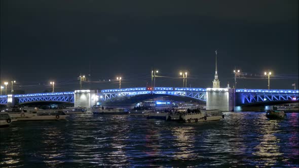 Timelapse of Moveable Bridge in Nighttime in Saint Petersburg, Famous Palace Bridge