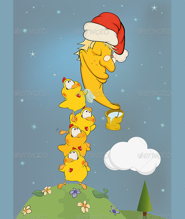 Chickens Clean the Moon Cartoon - Seasons/Holidays Conceptual