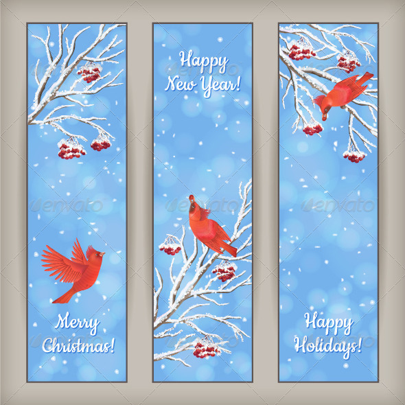 Vertical Christmas Banners Bird Rowan Branches - Christmas Seasons/Holidays