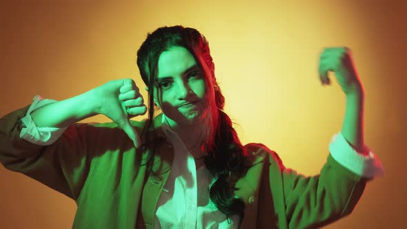 Thumb Down Gesture Dislike Sign Neon Light Woman alt