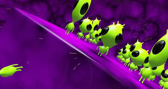 Minimal 3d art. Aliens cartoon animation in abstract purple geometry space.