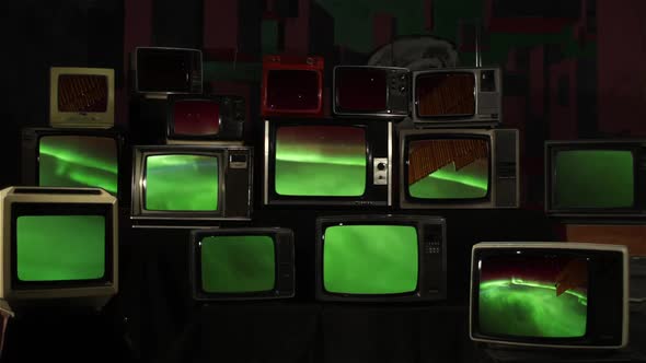 Aurora Borealis, as seen from the ISS over the Earth, on Retro TVs.  alt