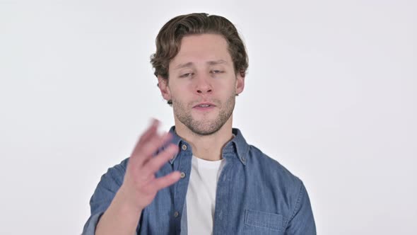 Disappointed Young Man Having Loss, Failure Sign on White Background alt