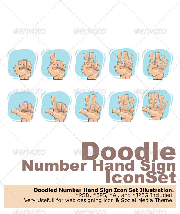 Doodled Number Hand Sign Icon Set. 